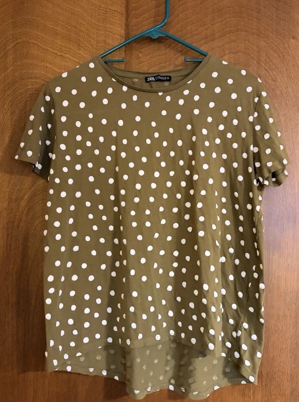 Zara Womens M Polka Dot Olive Green Short Sleeve T-Shirt Top